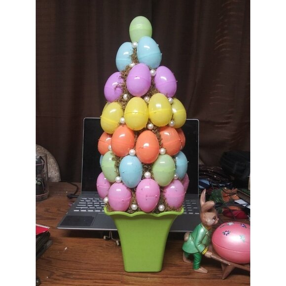Spring Easter Potted Topiary Tree Egg Beads Centerpiece Decorative 21"x 7.5" NEW - Picture 2 of 5